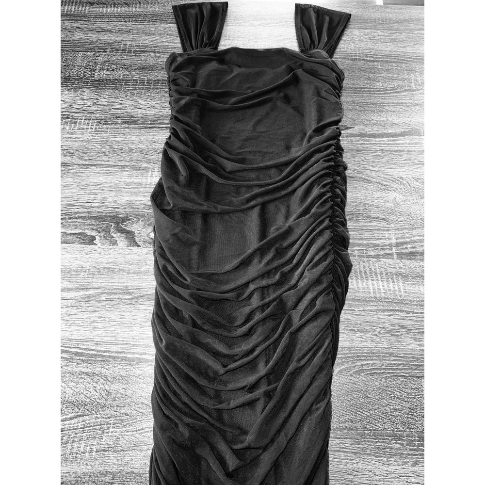 SHEIN Black Ruched Bodycon Midi Dress Wide Straps Square Neck Womens XL 12 3622